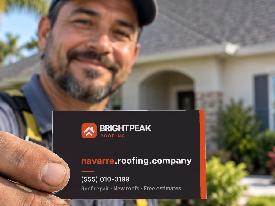 navarre.roofing.company on a roofer's business card
