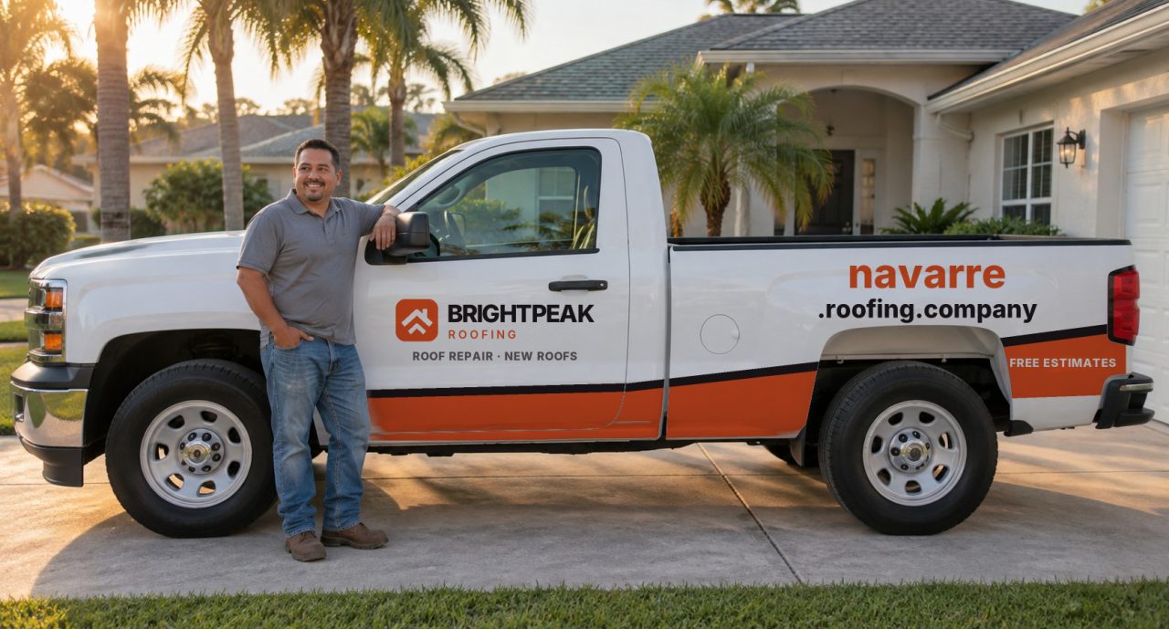 navarre.roofing.company painted on the side of a white work truck