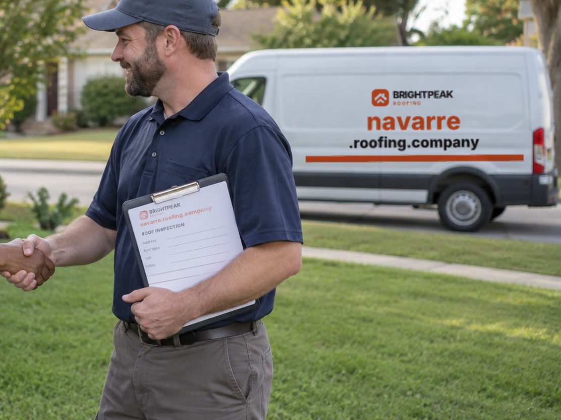 navarre.roofing.company on a roofing van and an inspection form